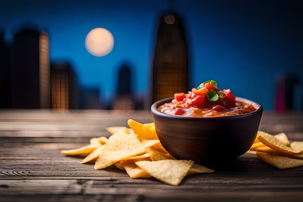 A bowl of salsa with chips and a city in the background