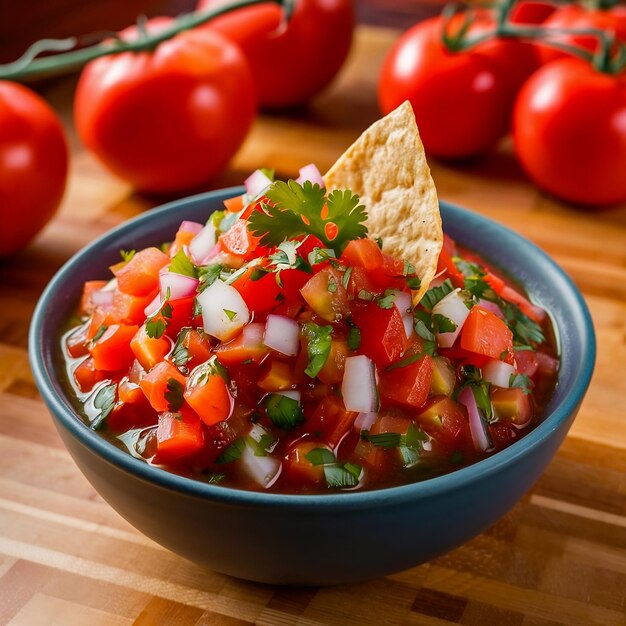 Foto una ciotola di salsa con pomodori e salsa su un tavolo di legno