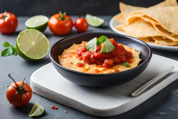 A bowl of salsa with tortillas and chips