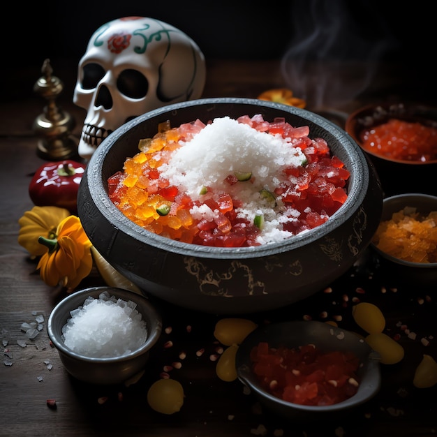 Bowl of salt mexican dia de muertos day of the dead watercolor border