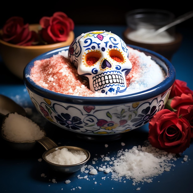 Bowl of salt mexican dia de muertos day of the dead watercolor border