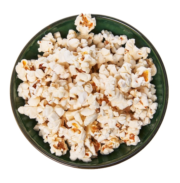 Bowl of salty popcorns isolated on a white background