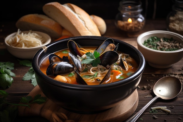 Bowl of savory seafood soup with plump mussels and mushrooms