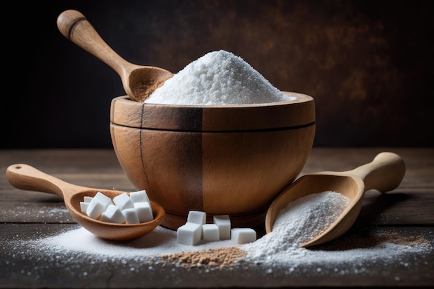 Bowl and scoop with white sand sugar on wooden background