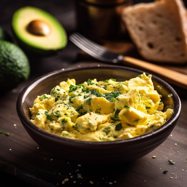 Bowl of scrambled eggs with avocado and parsley on wooden background