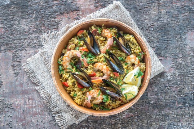 Bowl of seafood paella