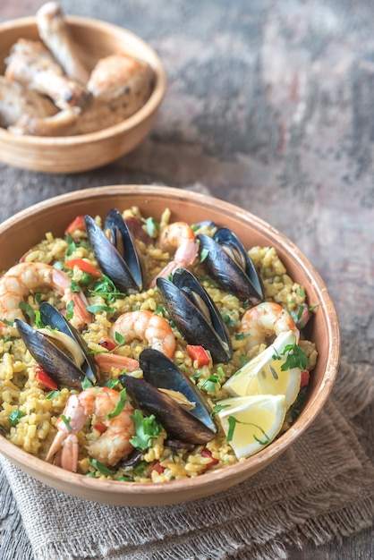 Bowl of seafood paella