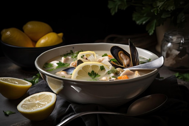 Bowl of seafood soup garnished with fresh herbs and lemon wedges