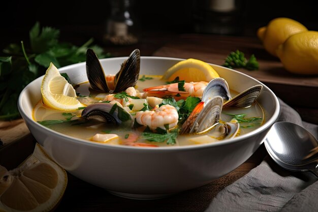 Bowl of seafood soup garnished with fresh herbs and lemon wedges