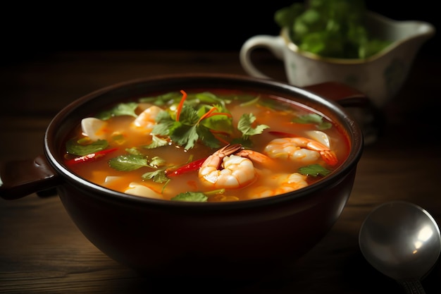 A bowl of seafood soup with a bowl of cilantro on the side