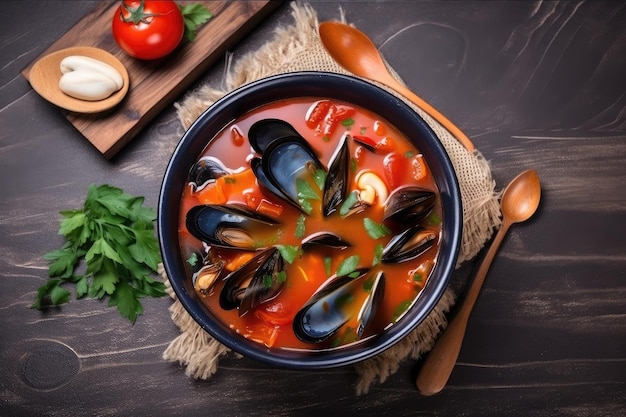 Bowl of seafood soup with mussels and cherry tomatoes