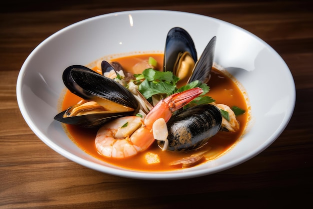 Bowl of seafood soup with mussels clams and shrimp in tantalizing broth