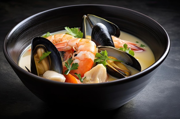 Bowl of seafood soup with plump mussels shrimp and crab