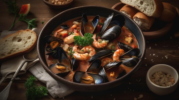 A bowl of seafood stew with mussels and shrimps