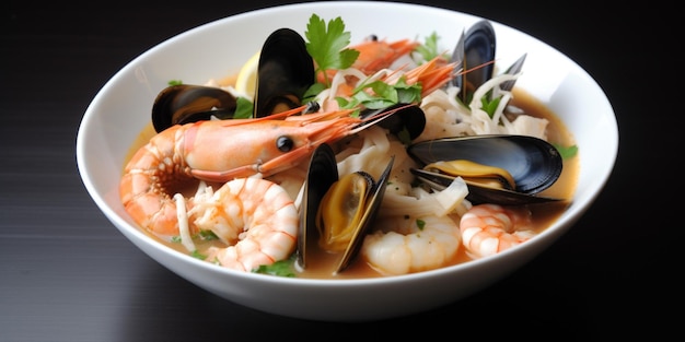 A bowl of seafood with shrimps and seafood