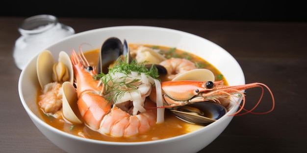 A bowl of seafood with a spoon in it