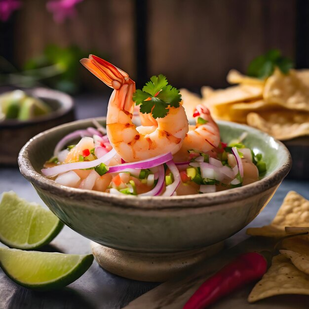 a bowl of shrimp and chips on a table