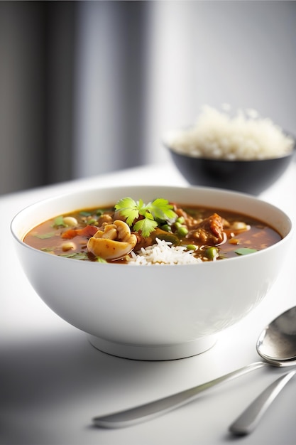 A bowl of shrimp gumbo with rice on the side