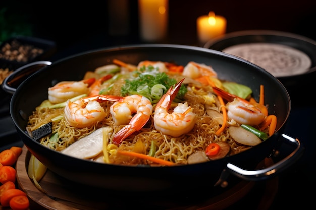 Photo a bowl of shrimp and noodles with a few other ingredients