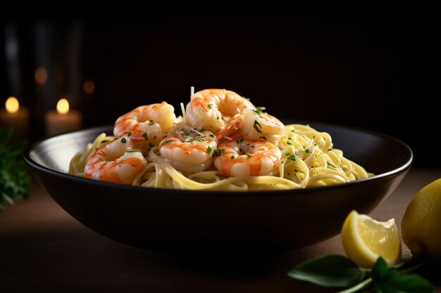 A bowl of shrimp pasta with lemon wedges on the side.