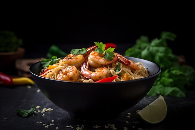 Photo a bowl of shrimp pasta with a lime wedge in the background.