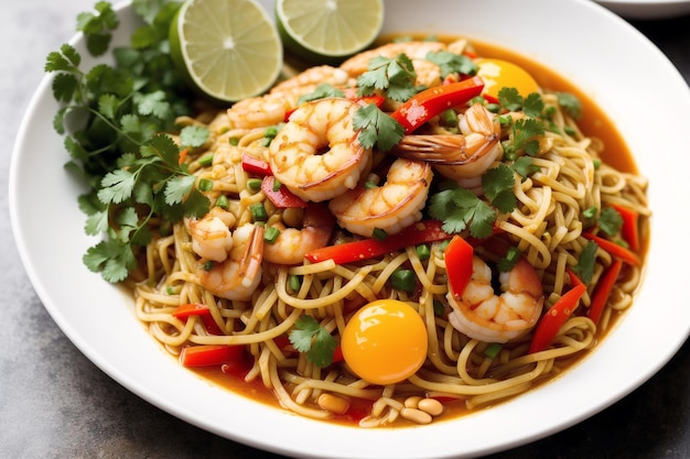 Photo a bowl of shrimp pasta with a yellow egg on top.