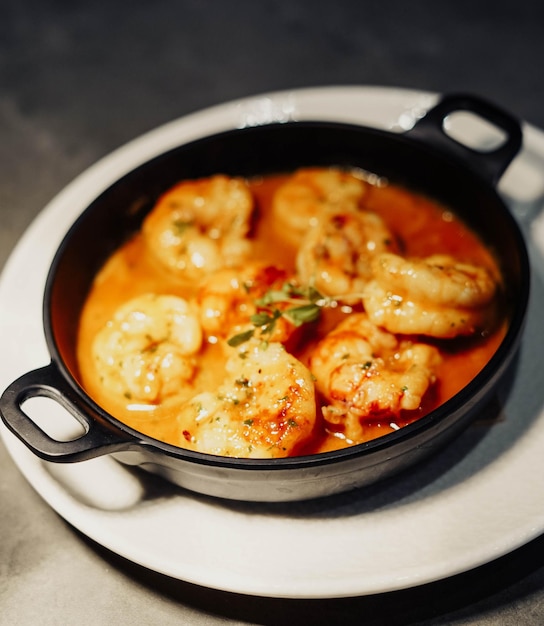 A bowl of shrimp and red sauce with a green leaf on the side.