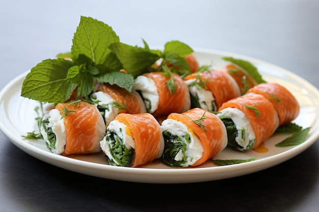 Bowl of shrimp rolls with mint and lemon