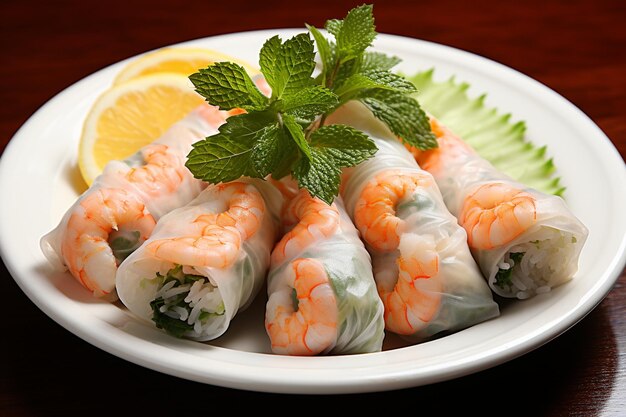 Bowl of shrimp rolls with mint and lemon