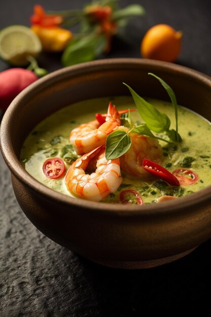 a bowl of shrimp and a salad with a carrot on top.