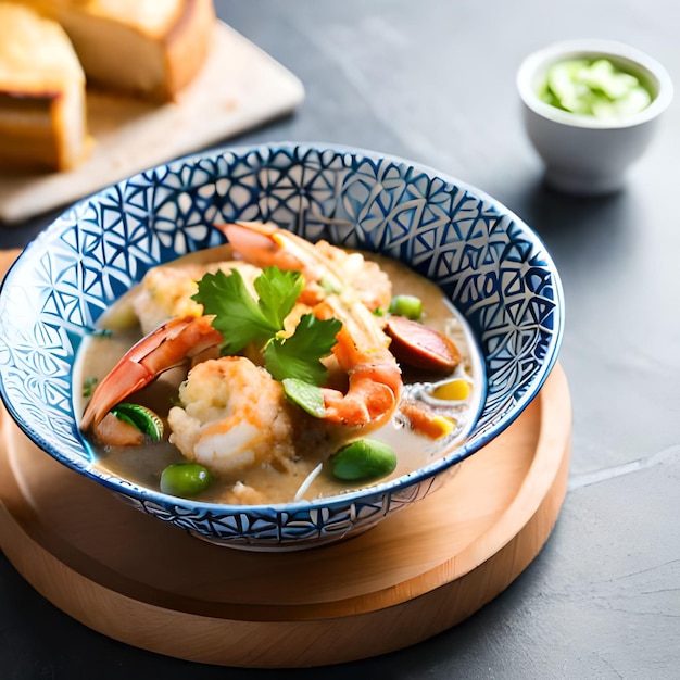 A bowl of shrimp and sausage soup with a bowl of sour cream.