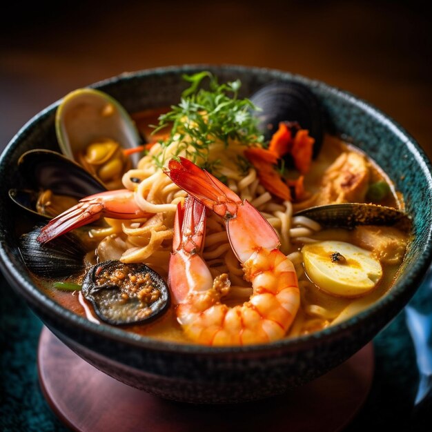 a bowl of shrimp and seafood with shrimp on top.