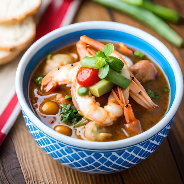 A bowl of shrimp and shrimp with a spoonful of bread on a wooden table.