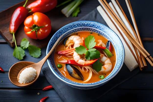 A bowl of shrimp soup with chopsticks and a bowl of rice