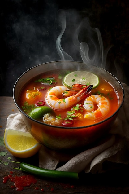 A bowl of shrimp soup with limes and limes.