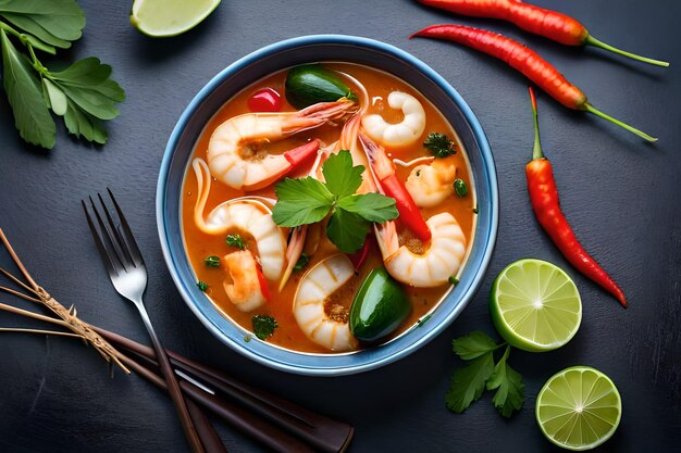 A bowl of shrimp soup with a spoon and vegetables on the table