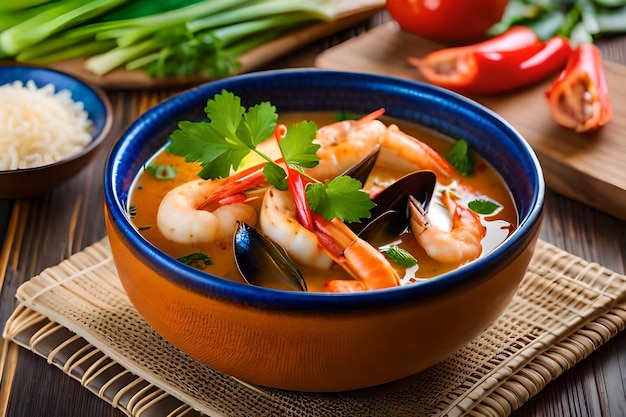a bowl of shrimp soup with vegetables and shrimp