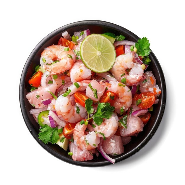 Photo a bowl of shrimp and vegetables with a lemon wedge on top