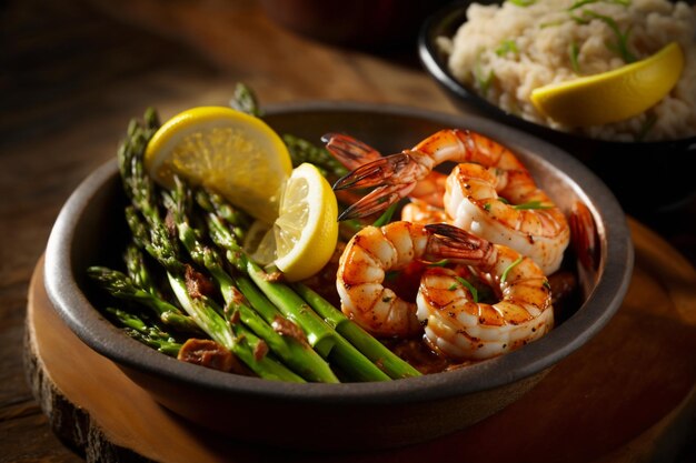 A bowl of shrimp with asparagus and asparagus.