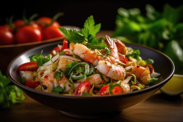 A bowl of shrimp with a bowl of spinach and tomatoes