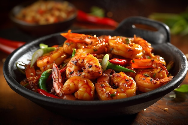 A bowl of shrimp with chilli sauce