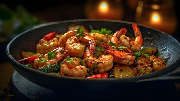 A bowl of shrimp with a green leafy vegetable on top.