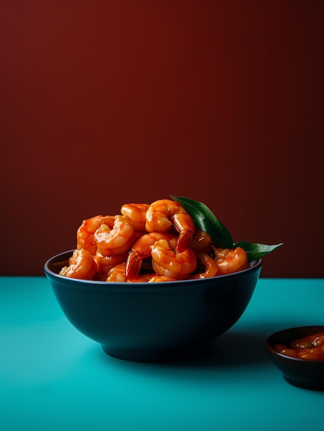 A bowl of shrimp with leaves on a blue table