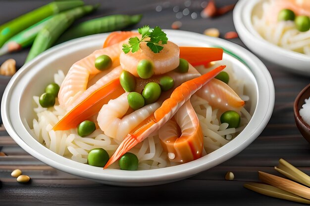 A bowl of shrimp with peas and carrots on a table.