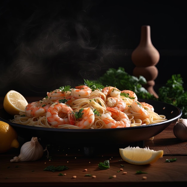 A bowl of shrimp with shrimp and vegetables on a table.