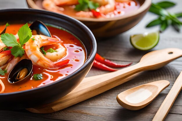 A bowl of shrimp with a spoon and a spoon on a table