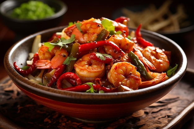 A bowl of shrimp with vegetables on a table.