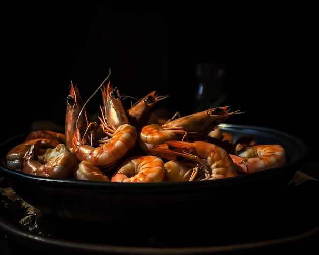 Photo a bowl of shrimps is in the dark with the light shining on them.