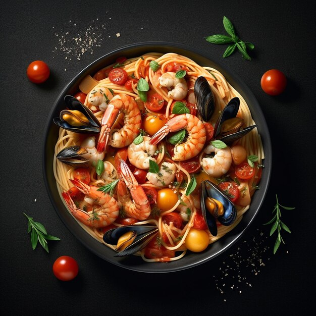 a bowl of shrimps and tomatoes with a spoon.