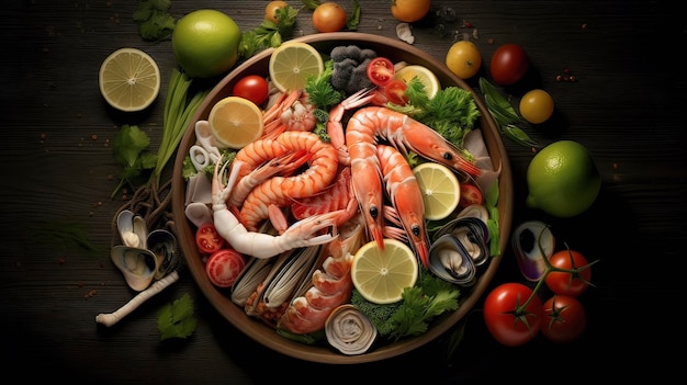 A bowl of shrimps and vegetables with a lemon wedge on the bottom.